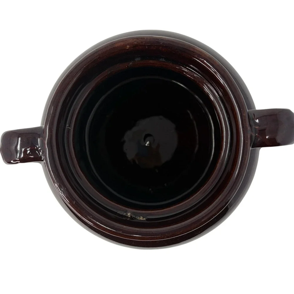 Vintage USA Brown Bean Pot Set 7 Pc Stoneware Crock Soup Bowls w Lid Handles